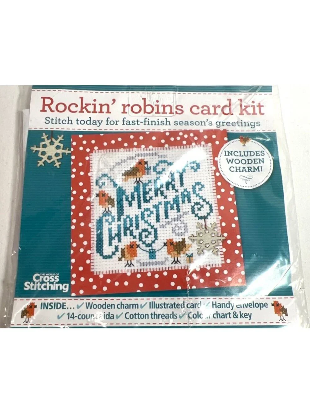 Christmas Rockin Robins Card Kit With Wooden Charm For Festive Cross Stitching